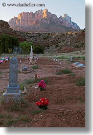 america, graves, mountains, north america, rockville cemetery, sunsets, united states, utah, vertical, western usa, zion, photograph