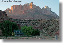america, horizontal, houses, mountains, north america, rockville cemetery, sunsets, united states, utah, western usa, zion, photograph