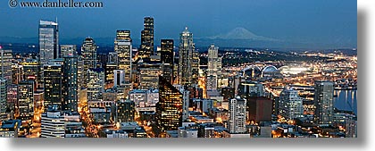 america, buildings, cityscapes, dusk, horizontal, long exposure, mountains, nature, nite, north america, pacific northwest, panoramic, rainier, seattle, snowcaps, structures, united states, washington, western usa, photograph