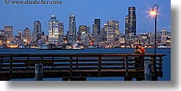 activities, america, buildings, cityscapes, couples, emotions, horizontal, kissing, lamp posts, long exposure, nite, north america, pacific northwest, piers, romantic, seattle, structures, united states, washington, western usa, photograph