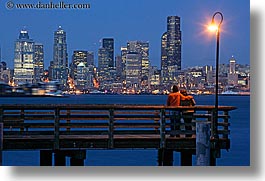 america, buildings, cityscapes, couples, emotions, horizontal, lamp posts, long exposure, nite, north america, pacific northwest, piers, romantic, seattle, structures, united states, washington, western usa, photograph