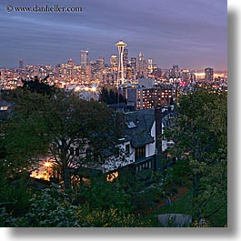 america, buildings, cityscapes, houses, long exposure, nite, north america, pacific northwest, seattle, space needle, square format, structures, united states, washington, western usa, photograph