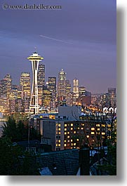 america, buildings, cityscapes, houses, long exposure, nite, north america, pacific northwest, seattle, space needle, structures, united states, vertical, washington, western usa, photograph
