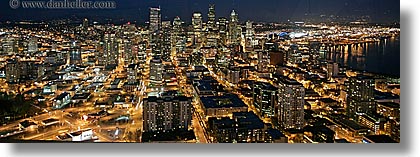 america, buildings, cityscapes, horizontal, nite, north america, pacific northwest, panoramic, seattle, slow exposure, structures, united states, washington, western usa, photograph