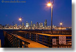 america, buildings, cityscapes, horizontal, lamp posts, long exposure, nite, north america, pacific northwest, piers, seattle, structures, united states, washington, western usa, photograph