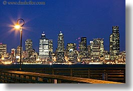 america, buildings, cityscapes, horizontal, lamp posts, long exposure, nite, north america, pacific northwest, piers, seattle, structures, united states, washington, western usa, photograph