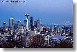 america, buildings, cityscapes, dusk, horizontal, nite, north america, pacific northwest, seattle, space needle, structures, united states, washington, western usa, photograph