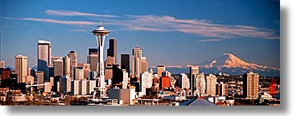 america, buildings, cityscapes, horizontal, mountains, nature, north america, pacific northwest, panoramic, rainier, seattle, snowcaps, space needle, structures, united states, washington, western usa, photograph