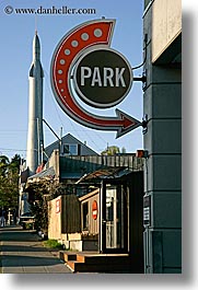 america, arts, fremont, north america, pacific northwest, park, rocket, sculptures, seattle, signs, united states, vertical, washington, western usa, photograph