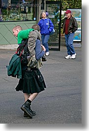 america, boys, carrying, childrens, clothes, fathers, kilt, north america, pacific northwest, people, seattle, united states, vertical, washington, western usa, photograph