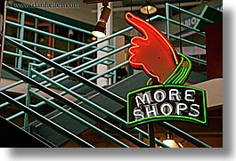 america, fingers, horizontal, lights, more, neon, north america, pacific northwest, pike place, pointing, seattle, shops, signs, united states, washington, western usa, photograph