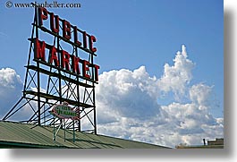 america, clouds, horizontal, lights, market, nature, neon, north america, pacific northwest, pike place, public, seattle, signs, sky, united states, washington, western usa, photograph