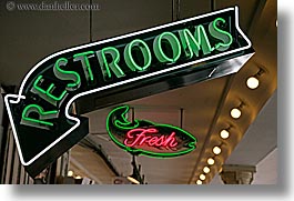 america, horizontal, lights, neon, north america, pacific northwest, pike place, restrooms, seattle, signs, united states, washington, western usa, photograph