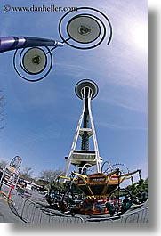 america, arts, buildings, conceptual, fisheye lens, future, lamp posts, modern art, nature, north america, pacific northwest, perspective, seattle, sky, space needle, structures, sun, towers, united states, upview, vertical, washington, western usa, photograph