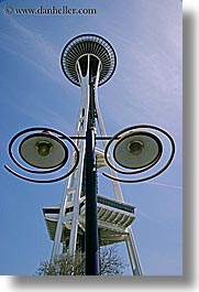 america, arts, buildings, conceptual, future, lamp posts, modern art, north america, pacific northwest, perspective, seattle, space needle, structures, towers, united states, upview, vertical, washington, western usa, photograph