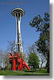 america, arts, buildings, modern art, north america, pacific northwest, red, sculptures, seattle, space needle, structures, towers, united states, vertical, washington, western usa, photograph