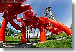 america, arts, buildings, fisheye lens, horizontal, modern art, north america, pacific northwest, red, sculptures, seattle, space needle, structures, towers, united states, washington, western usa, photograph