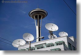 america, buildings, horizontal, north america, pacific northwest, satellite dish, seattle, space needle, structures, towers, united states, washington, western usa, photograph