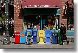 america, boxes, colored, horizontal, newspaper, north america, pacific northwest, pedestrians, people, seattle, streets, united states, washington, western usa, womens, photograph