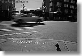 america, black and white, cars, first, horizontal, motion blur, north america, pacific northwest, pigeons, pines, seattle, streets, traffic, transportation, united states, washington, western usa, photograph