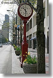 america, century, clocks, north america, pacific northwest, red, seattle, squares, streets, united states, vertical, washington, western usa, photograph