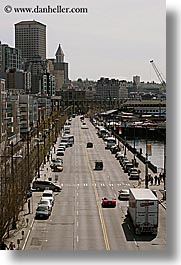 america, buildings, downview, north america, pacific northwest, seattle, streets, traffic, transportation, united states, vertical, washington, western usa, photograph