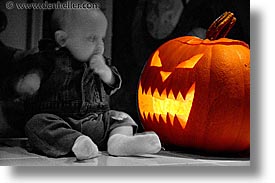 babies, boys, halloween, horizontal, infant, jacks, pumpkins, slow exposure, photograph