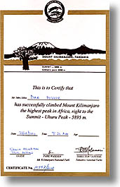 africa, certificate, hikers, kilimanjaro, tanzania, vertical, photograph
