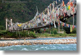 asia, asian, bhutan, bridge, buddhist, flags, horizontal, nature, prayer flags, prayers, religious, rivers, style, water, photograph