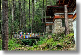 asia, asian, bhutan, bridge, buddhist, flags, forests, horizontal, nature, plants, prayer flags, prayers, religious, style, trees, photograph