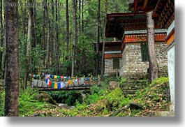 asia, asian, bhutan, bridge, buddhist, flags, forests, horizontal, nature, plants, prayer flags, prayers, religious, style, trees, photograph