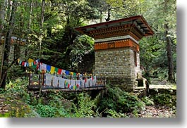 asia, asian, bhutan, bridge, buddhist, flags, forests, horizontal, nature, plants, prayer flags, prayers, religious, style, trees, photograph