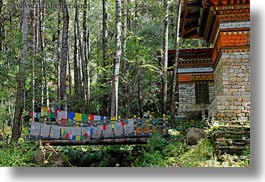 asia, asian, bhutan, bridge, buddhist, flags, forests, horizontal, nature, plants, prayer flags, prayers, religious, style, trees, photograph