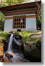 asia, bhutan, buildings, forests, houses, lush, vertical, photograph