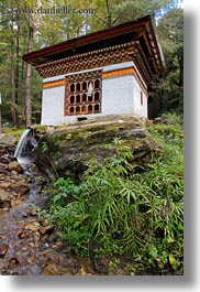 asia, bhutan, buildings, forests, houses, lush, vertical, photograph