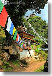 asia, bhutan, buddhist, buildings, flags, houses, prayer flags, prayers, religious, vertical, photograph
