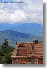 asia, asian, bhutan, buddhist, construction, dochula pass, religious, style, vertical, workers, photograph