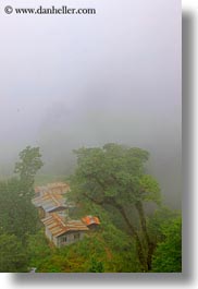 asia, asian, bhutan, buddhist, dochula pass, fog, houses, religious, style, vertical, photograph