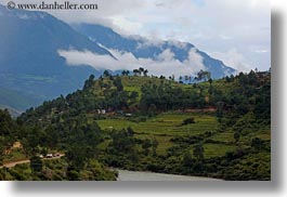 asia, bhutan, fog clouds, hills, horizontal, landscapes, lush, rivers, photograph