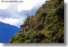 asia, bhutan, buddhist, flags, horizontal, landscapes, lush, mountains, prayer flags, prayers, religious, photograph