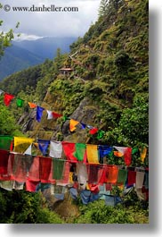asia, bhutan, buddhist, colorful, colors, flags, landscapes, lush, mountains, prayer flags, prayers, religious, vertical, photograph