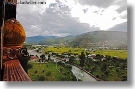 asia, balconies, bhutan, buddhist, clouds, colors, from, green, horizontal, landscapes, nature, religious, rivers, sky, valley, photograph