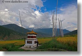 asia, bhutan, buddhist, clouds, horizontal, lobeysa village, men, nature, prayers, religious, sky, turning, wheels, photograph