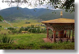 asia, bhutan, buddhist, horizontal, landscapes, lobeysa village, prayers, religious, wheels, photograph