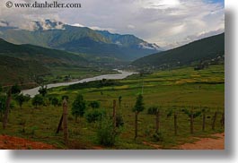 asia, bhutan, clouds, horizontal, landscapes, lobeysa village, lush, nature, rivers, sky, photograph