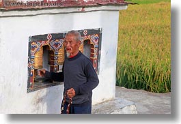 asia, asian, beards, bhutan, hair, horizontal, men, mustache, people, prayers, senior citizen, style, turning, wheels, photograph