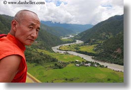 asia, asian, bhutan, buddhist, clothes, clouds, colors, horizontal, landscapes, men, monks, nature, people, red, religious, rivers, robes, sky, style, photograph