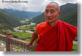 asia, asian, bhutan, buddhist, clothes, colors, horizontal, landscapes, men, monks, people, red, religious, rivers, robes, style, photograph