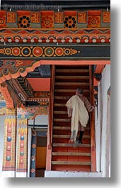 asia, asian, bhutan, buddhist, clothes, men, people, punakha dzong, religious, robes, stairs, temples, vertical, walking, photograph
