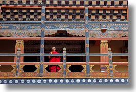 asia, asian, balconies, bhutan, buddhist, clothes, horizontal, monks, people, religious, rinpung dzong, robes, style, photograph